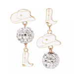 Asymmetrical Cowgirl Boot Hat Ball Dangle Earrings