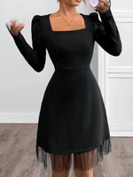 Square Neck Puff Sleeve Mesh Hem Dress