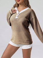 Striped Button Detail Long Sleeve Top