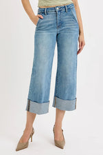 RISEN Full Size Tummy Control High Rise Ankle Wide Cuffed Jeans Plus Size