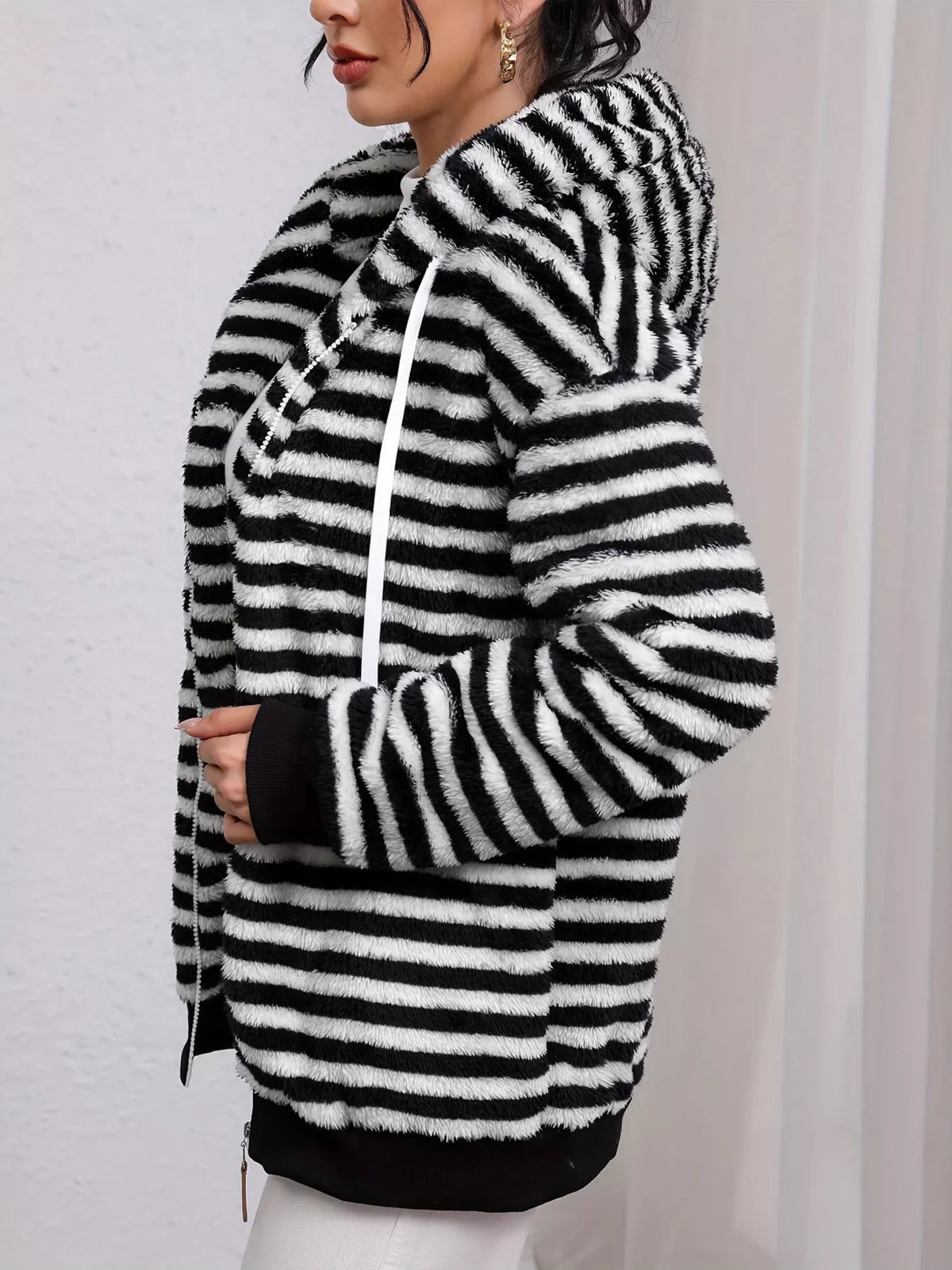 Striped Plush Zip-Up Hooded Outerwear
