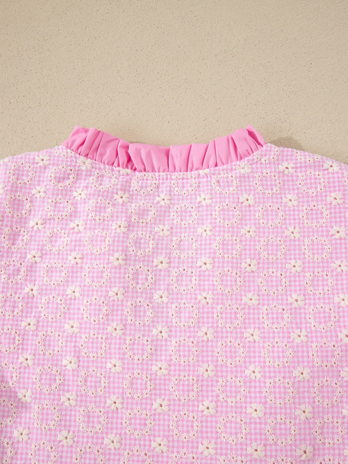 Eyelet Embroidered Flower Texture Contrast Lace Trim Flutter Sleeve Blouse