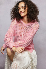 POL Openwork Round Neck High Low Knit Top