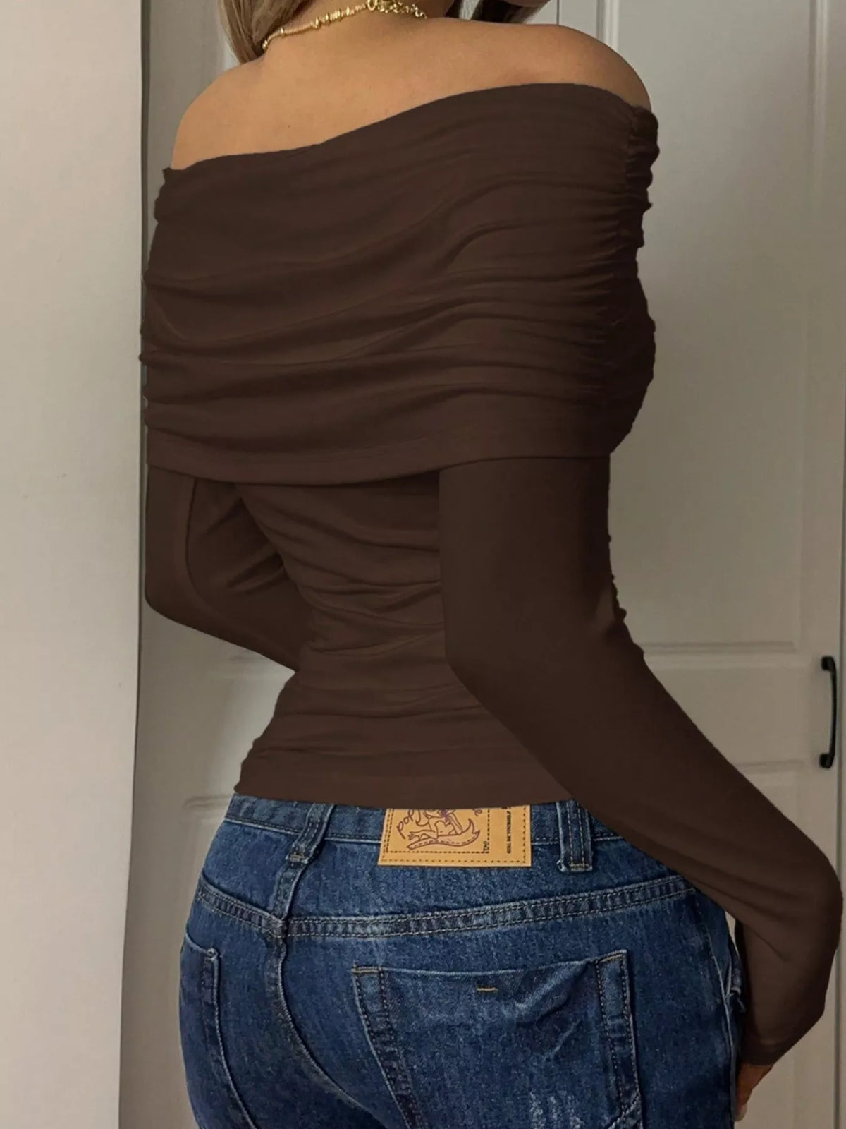 Off-Shoulder Ruched Long Sleeve T-Shirt