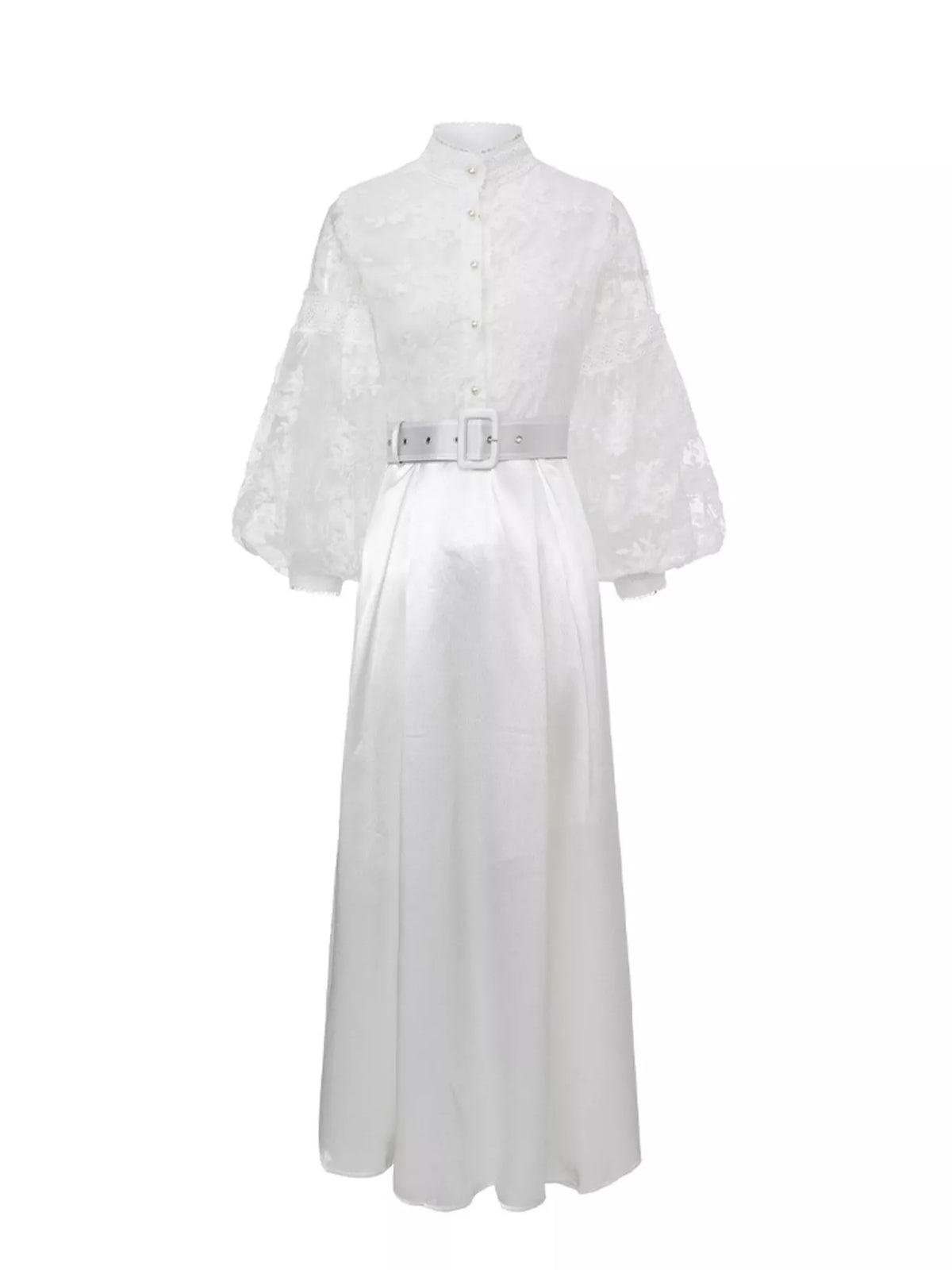 Lace Lantern Sleeve Belted Maxi Dress
