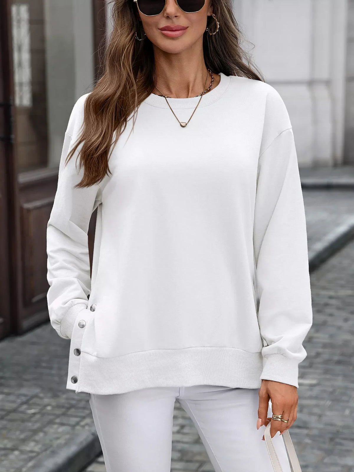 Side Snap Round Neck Sweatshirt