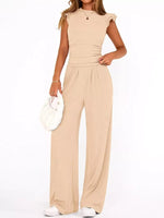 Ruffled Mock Neck Top and Wide Leg Pants Set