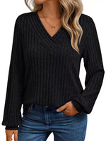 Ribbed Knit V-Neck Long Sleeve T-Shirt