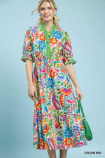 Umgee Mix Floral Midi Dress with Ruffle Trim