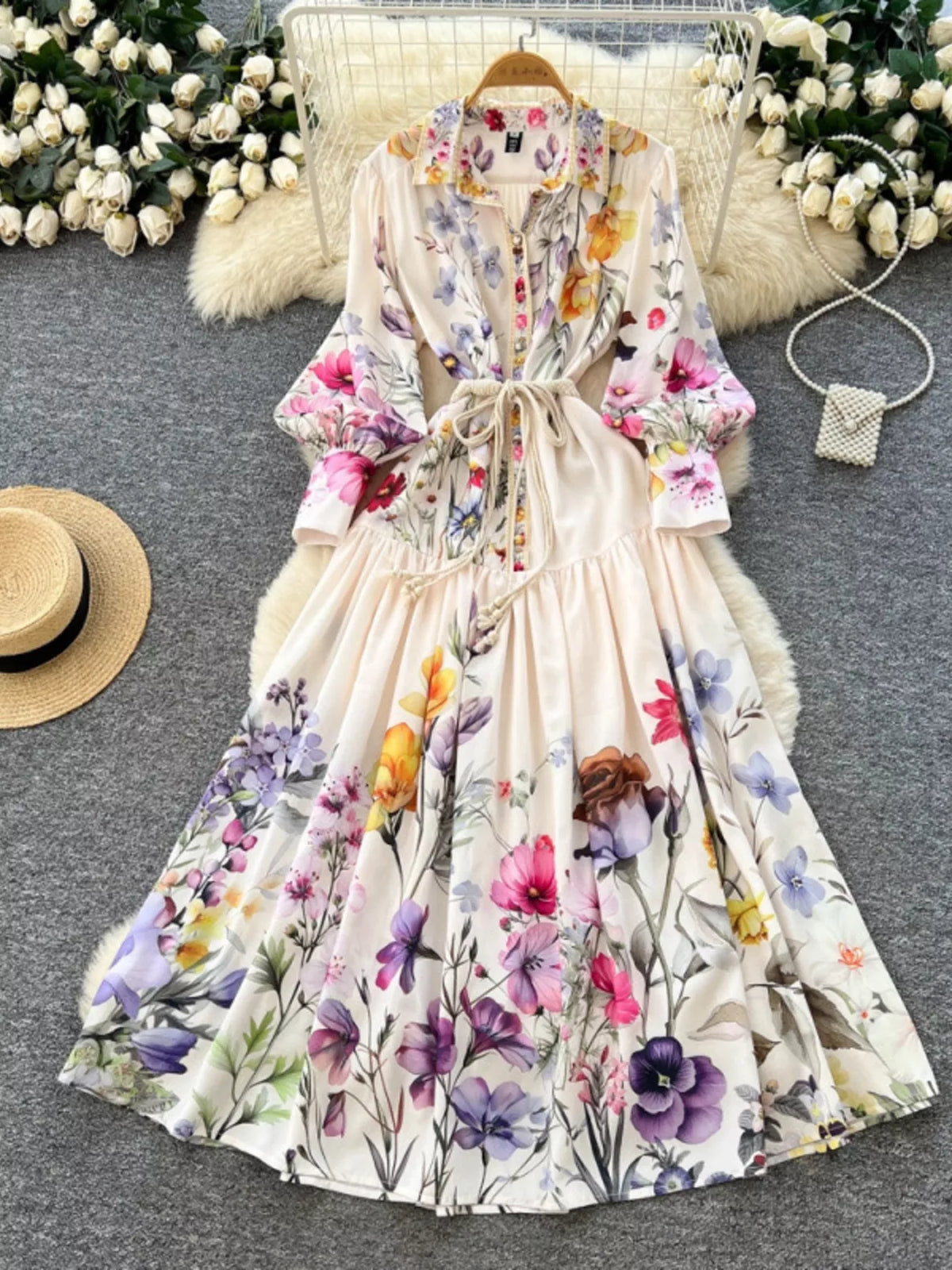 Floral Print Lantern Sleeve Midi Dress