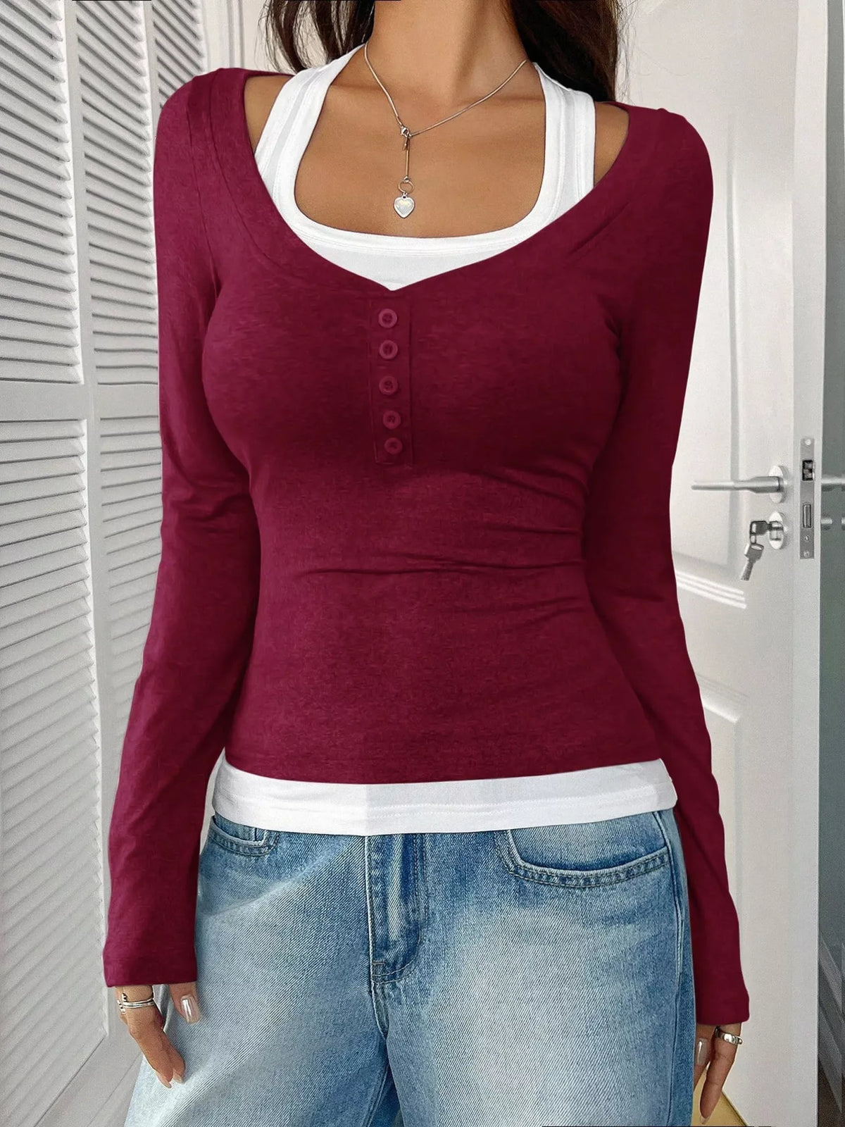Scoop Neck Long Sleeve Fake Two-Piece T-Shirt