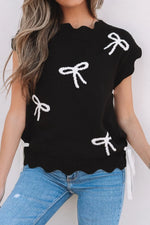 Bow Side Ties Scalloped Hem Cap Sleeve Sweater