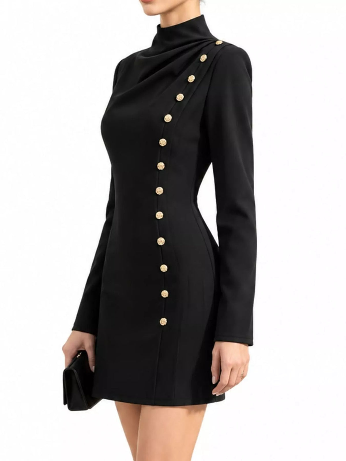 Full Size Decorative Button Mock Neck Mini Dress Plus Size