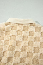 Plush Checkered Corduroy Trim Metal Button Long Sleeve Shift Silhouette Shacket
