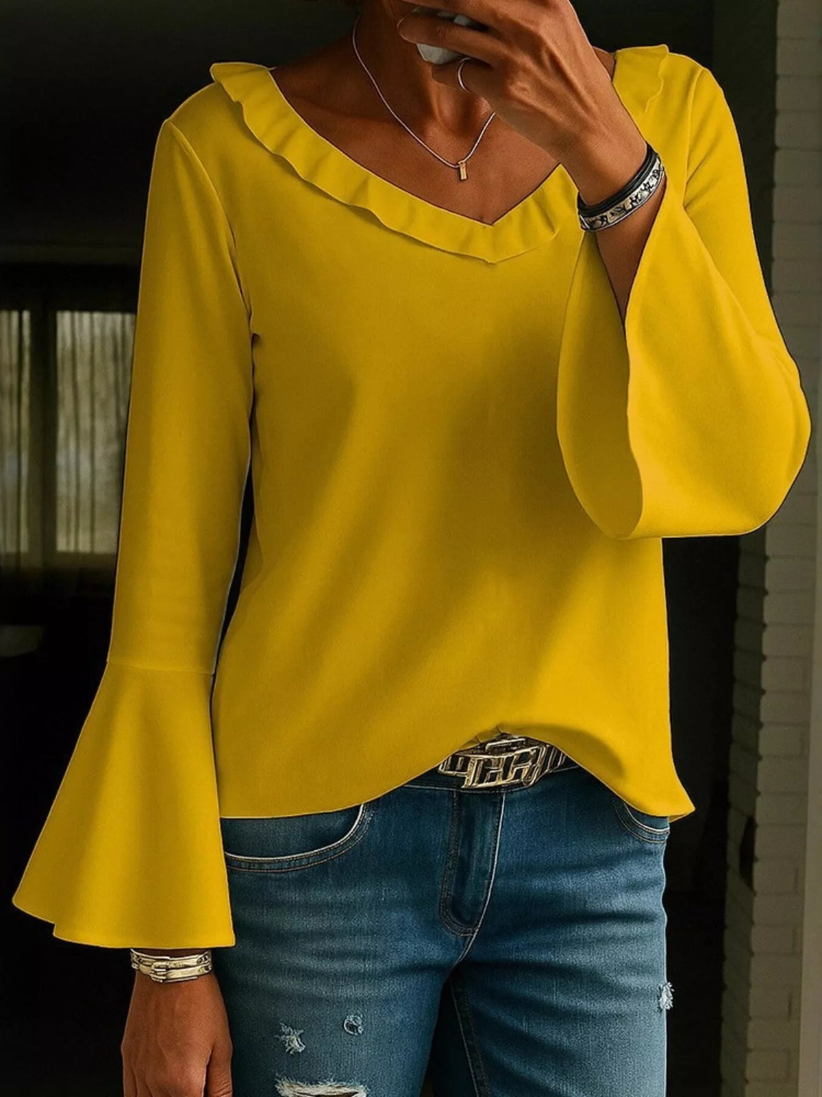 Full Size Ruffled V-Neck Long Sleeve Blouse Plus Size