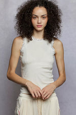 POL Round Neck Cropped Tank with Lace Trim