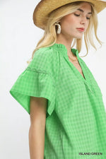 Umgee Gingham Puff Sleeve Top with Lace Trim