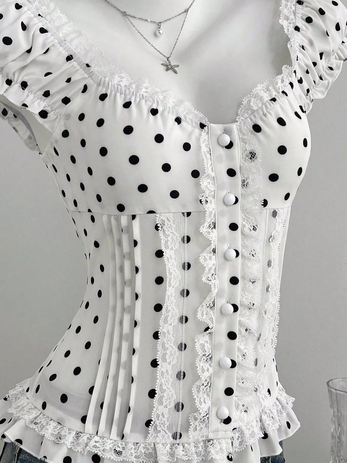 Polka Dot Lace Trim Cap Sleeve Blouse