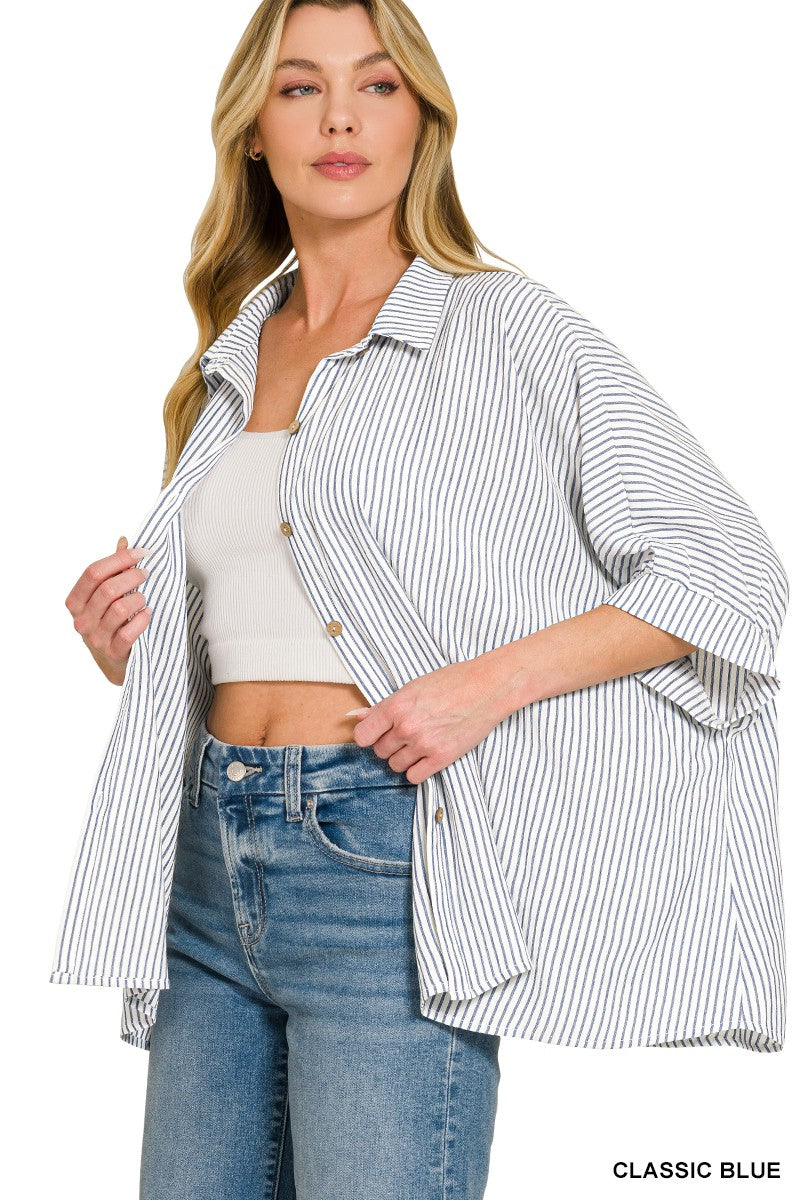 Zenana Woven Stripe Button Down Boxy Shirt