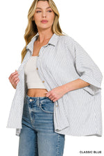 Zenana Woven Stripe Button Down Boxy Shirt