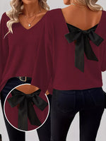 Full Size Ribbed Knit Backless Bow T-Shirt Plus Size