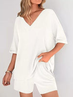 Solid Color V-Neck and Shorts Set