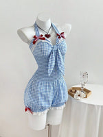 Gingham Bowknot Halter Neck Romper