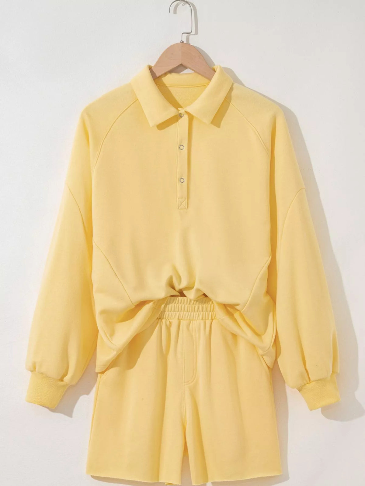 Button Collar Drop Shoulder Top and Shorts 2pcs Set