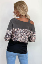 Perfee Leopard Print Color Block ColdShoulder Top