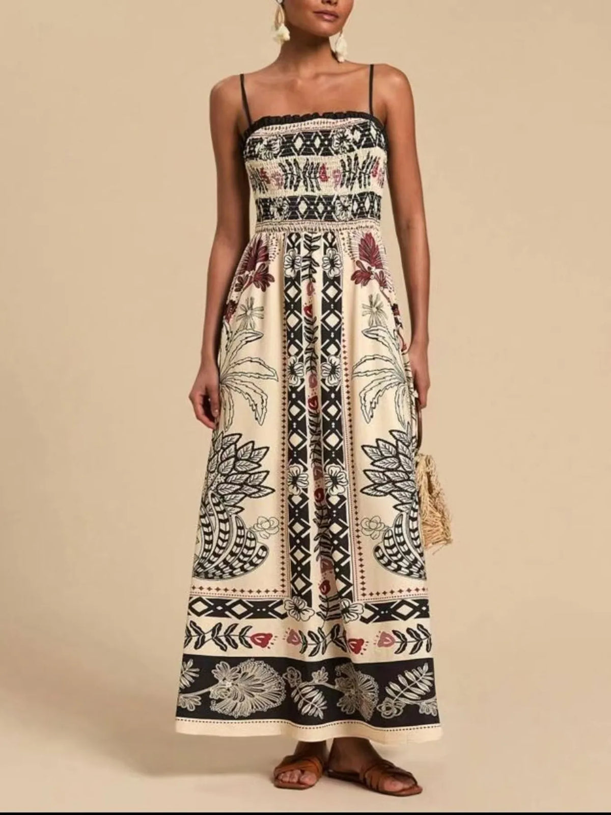 Smocked Printed Spaghetti Strap Maxi Summer Dress
