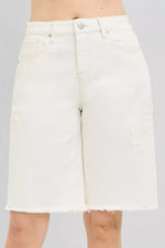 RISEN Slouchy Relaxed Floral Embroidered Bermuda Denim Shorts