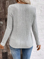 Ribbed V-Neck Long Sleeve Knit T-Shirt