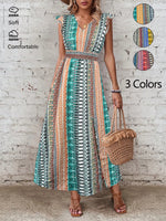 Boho Print Ruffle Sleeve Slit Dress