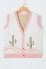 Color Block Trim Button Front Cactus Pattern Western Sweater Vest