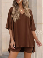 Full Size Casual Loose V-Neck T-Shirt & Shorts Set Plus Size