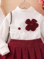 Children's Floral Applique Mock Neck Top and Pleated Skirt Set