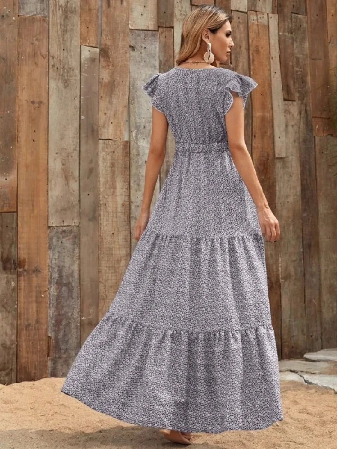 Printed V-Neck Ruffled Cap Sleeve Maxi Dress