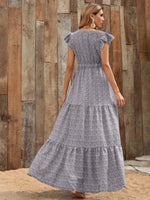 Printed V-Neck Ruffled Cap Sleeve Maxi Dress