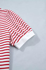 Stripe Contrast Trim Round Neck Short Puff Sleeve T Shirt