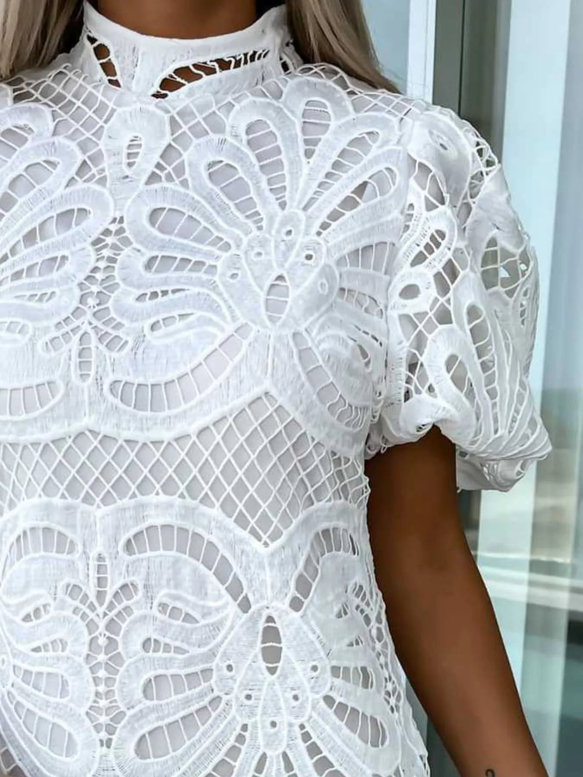 Lace Mock Neck Puff Sleeve Dress
