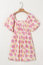 Floral Square Neck Puff Sleeve Pleated Flared Midi Dress