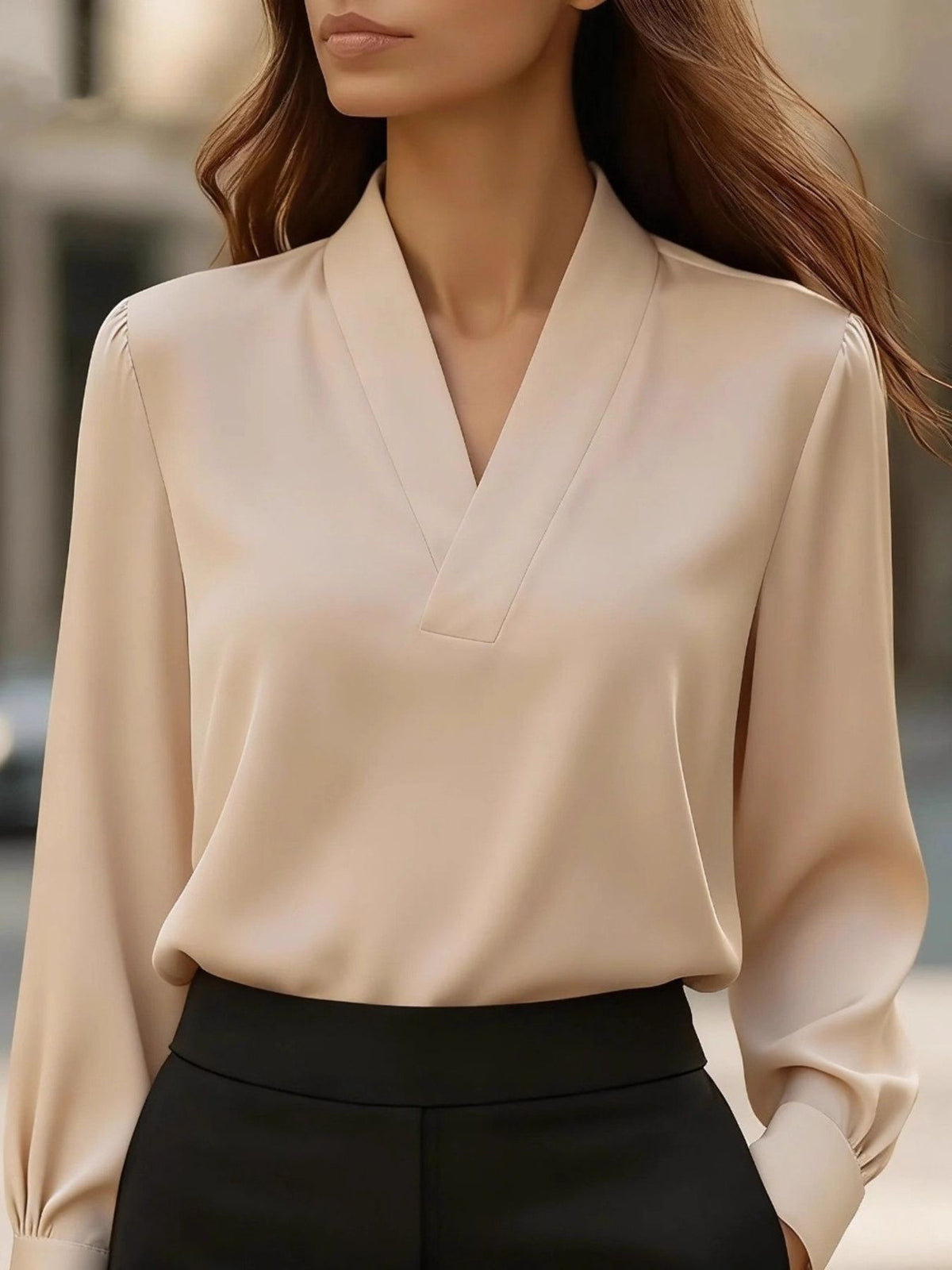 V-Neck Long Sleeve Satin Blouse