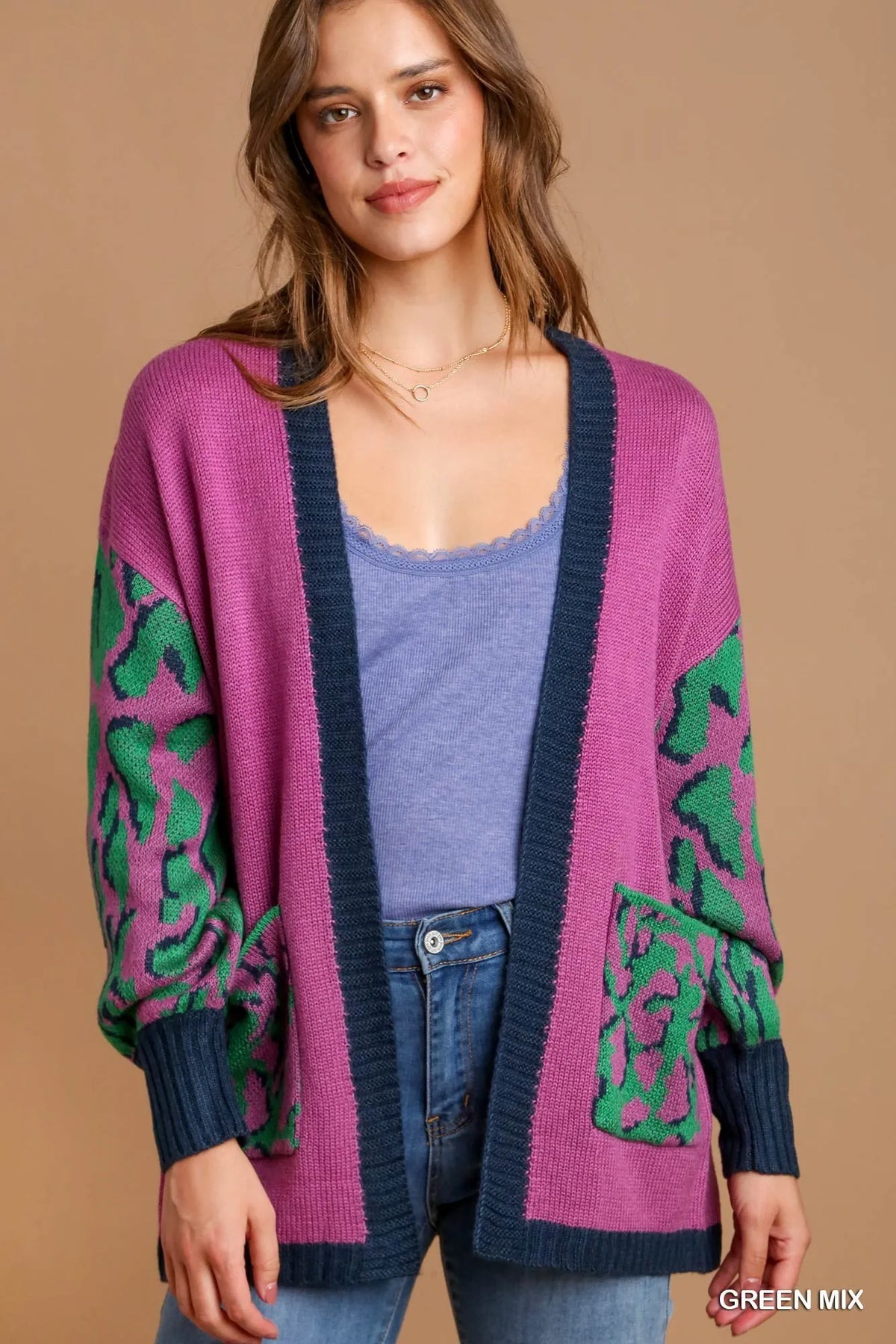 Umgee Animal Print Open Front Sweater Cardigan