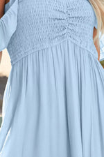 Off Shoulder Ruched Bust Sheer Slit Maxi Dress