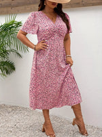 Plus Size Printed V-Neck Short Sleeve Midi Dress