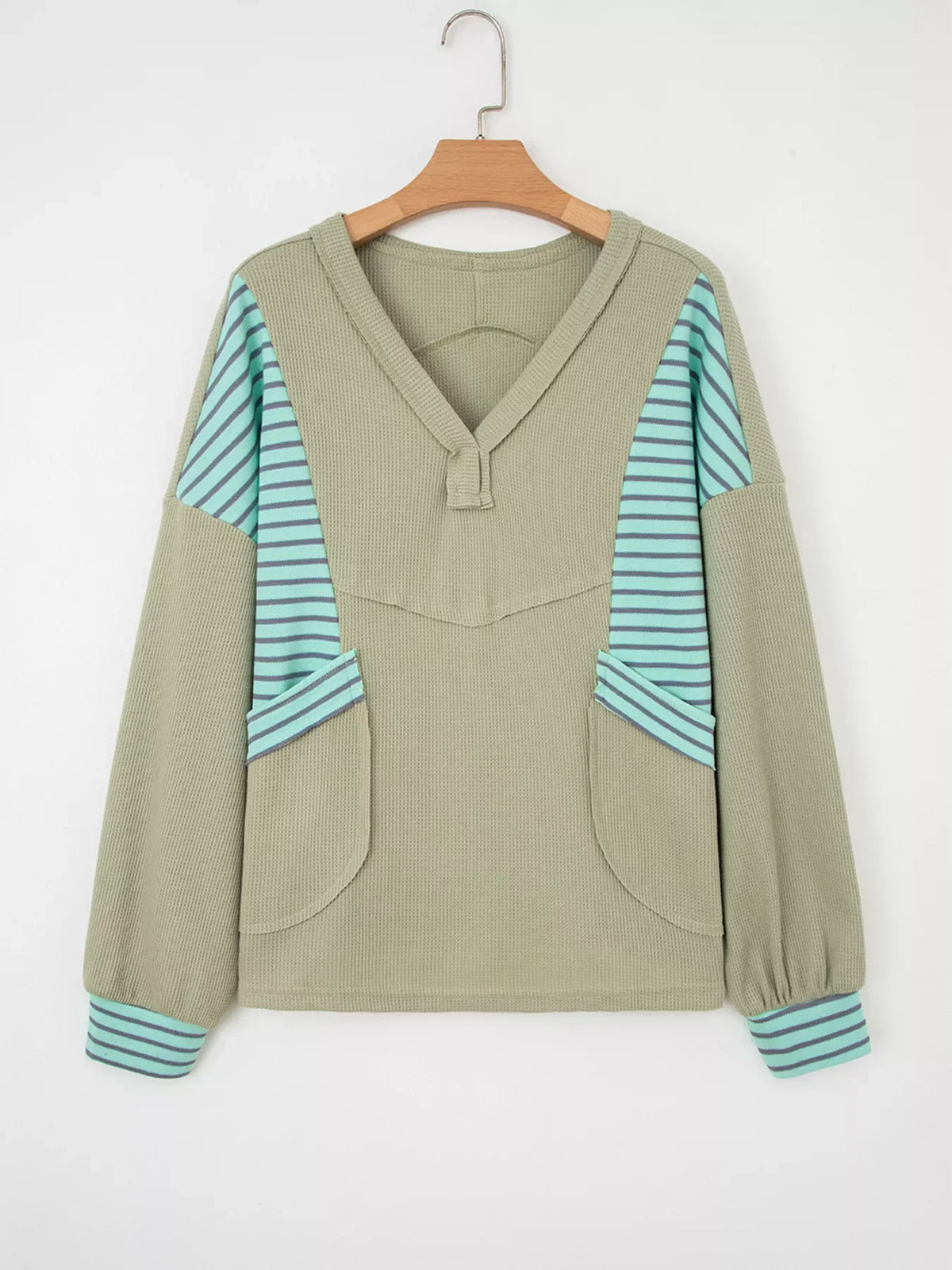 Exposed Seam Waffle Striped Patchwork Baggy Blouse