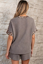 Leopard Trim Ribbed Knit Tee and Shorts Set