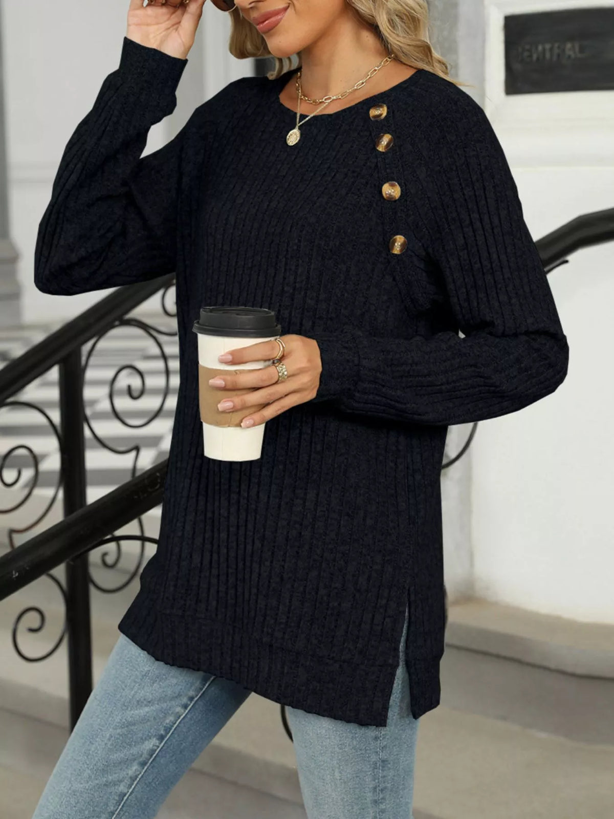 Round Neck Side Slit Ribbed Knit Top with Asymmetric Button Detail