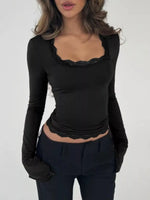 Lace Trim Square Neck Long Sleeve Top