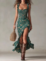 Floral Ruched Slit Maxi Dress